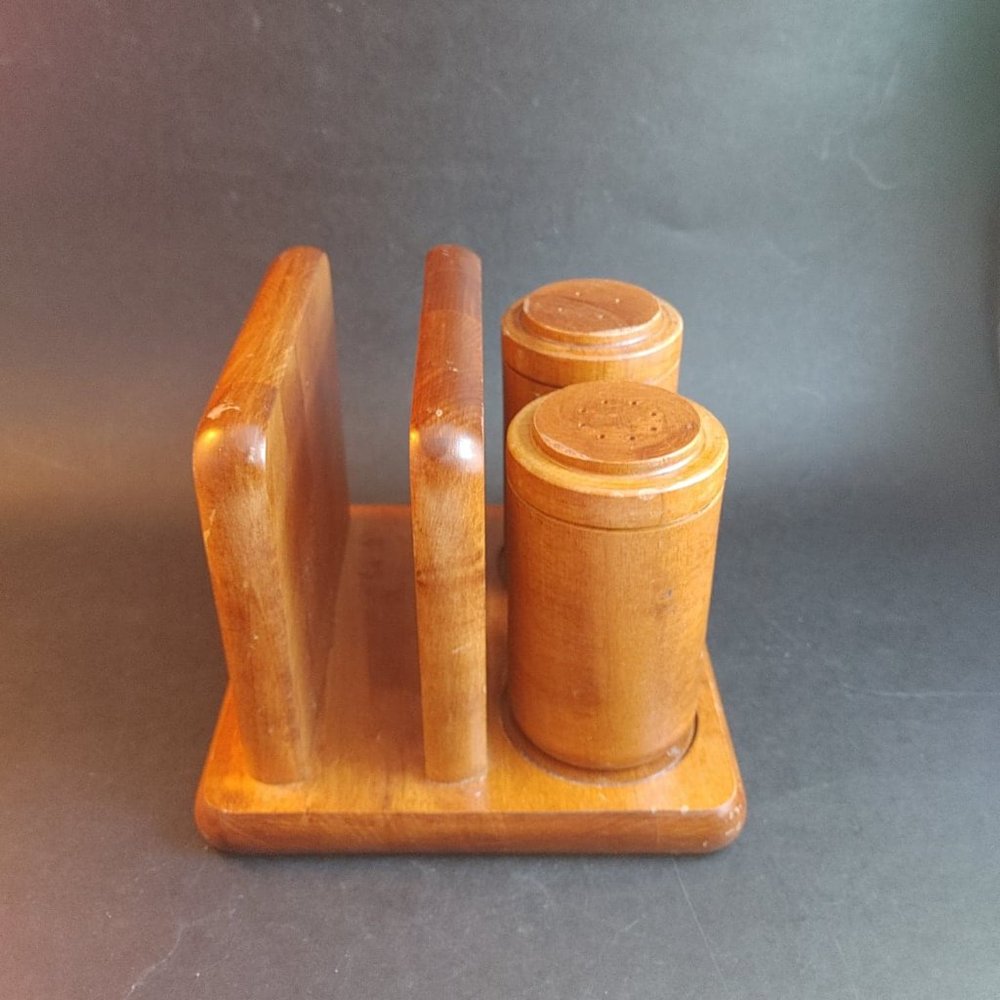 Vintage MCM Wood Napkin Holder Salt & Pepper Shaker Set Cornwall USA w/ Stoppers